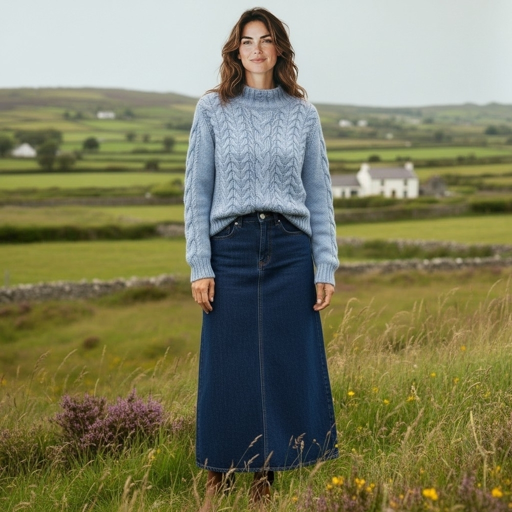 Aran Sweater Market Cable-Knit Irish Fisherman Crew Neck Sweater in Icy Blue